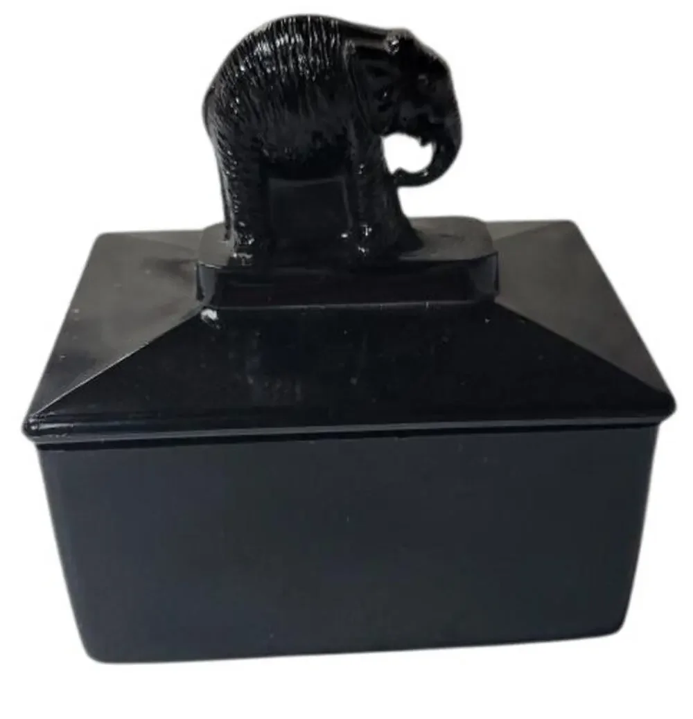 🐘 L.E. Smith No.2 Elephant Black Amethyst Glass Cigarette Box w/ Lid VTG Deco